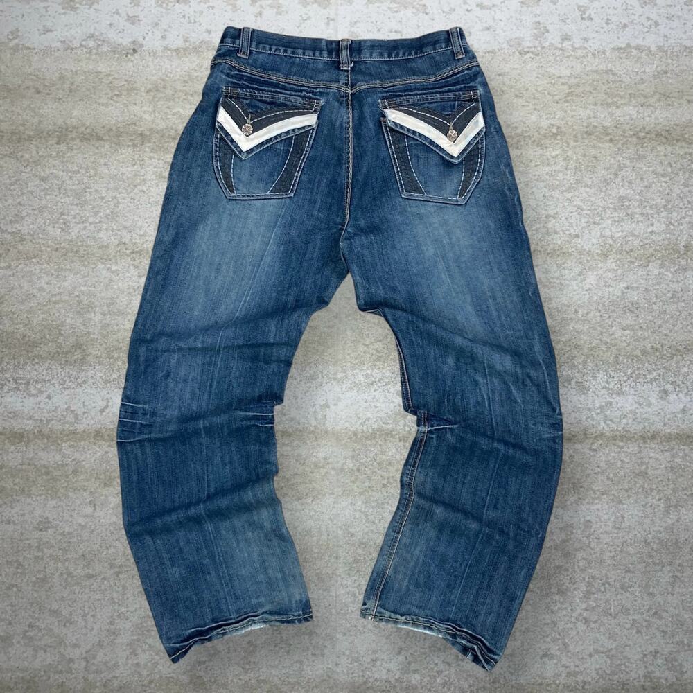Vintage Y2K Skater Jeans 34x32 Baggy Wide Leg Blue Dark Wash Denim Embroidered